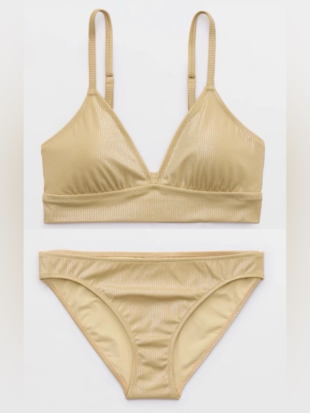 NWT Aerie FULL SET Metallic Triangle Banded Top + Full Coverage Bottom Gold S